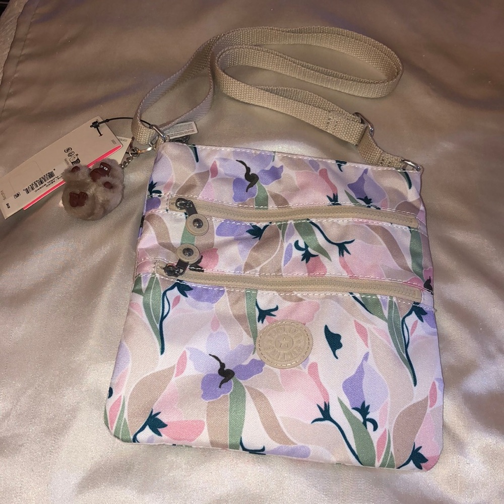 Kipling Keiko Floral Mosaic Nylon Crossbody Bag + Monkey Key Chain NWT